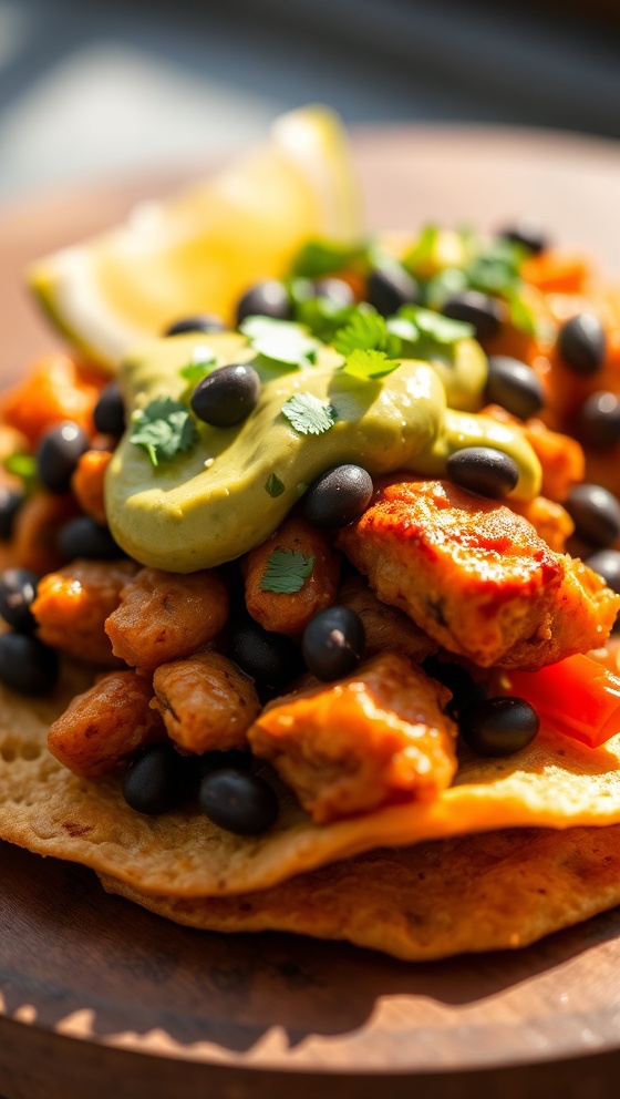 Spicy Chicken Tostadas With Black Beans Avocado Sauce