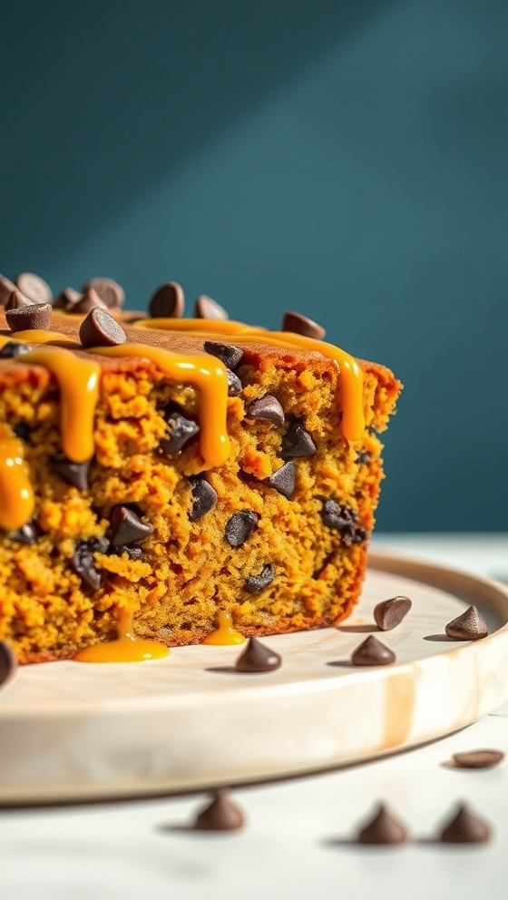 Pumpkin Chocolate Chip Loaf Cake With Caramel Drizzle